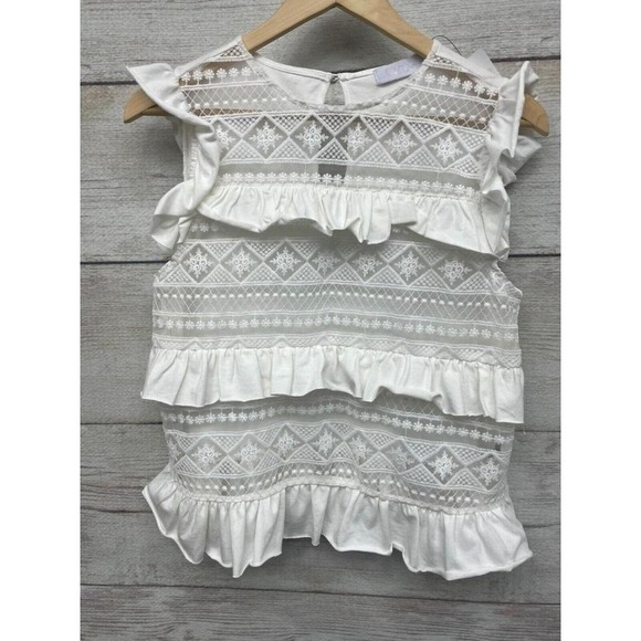 Beverly Hills  Kyle by Alene Too Sleeveless Ruffle Lace Top Med RETAIL $205 - Picture 1 of 8